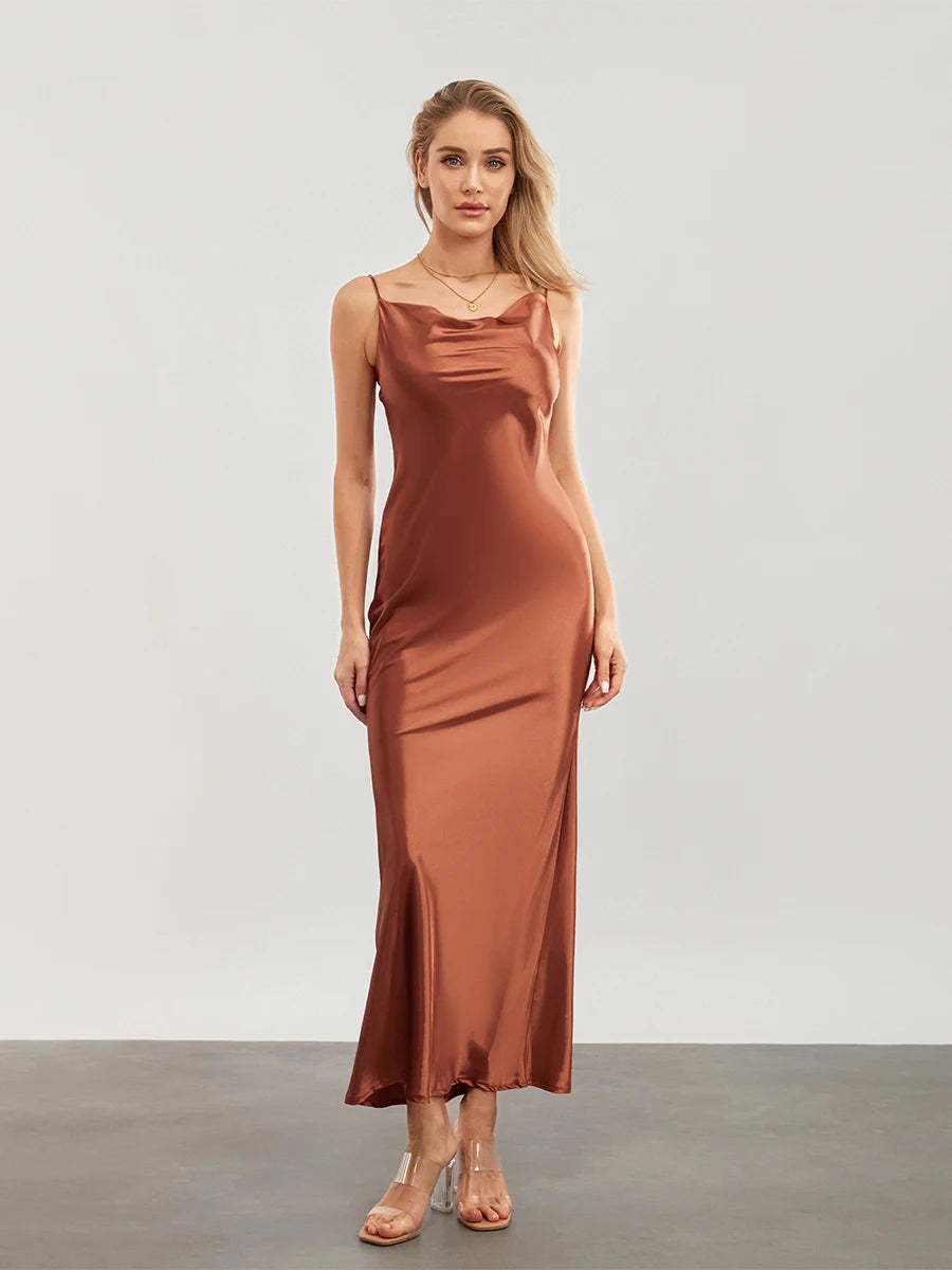 Elegant Satin Long Dress Solid Color Sleeveless Cowl Neck Wrap Party Dress