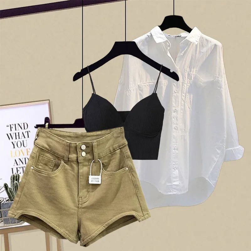 Spring/Summer Set Women's New Design Sense Sunscreen Shirt Fashion Tank Top Slimming Denim Shorts Age Reducing Three Piece