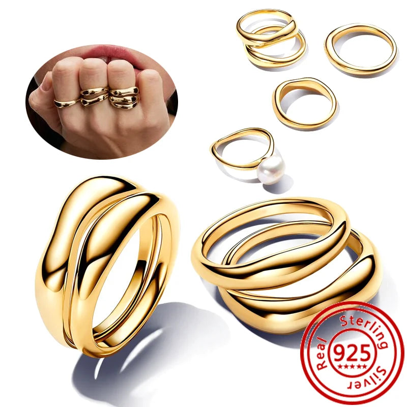 New 925 Sterling Silver Organically Shaped Stacking Pearls Hearts Stars Moon Sun Day Night Sparkling Pantaro Rings Women Jewelry
