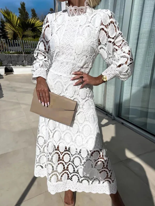 Spring New Fashionable French Lace Stand Up Collar With Bubble Sleeves Waist Cinching Slimming Dress Elegant Long Dress