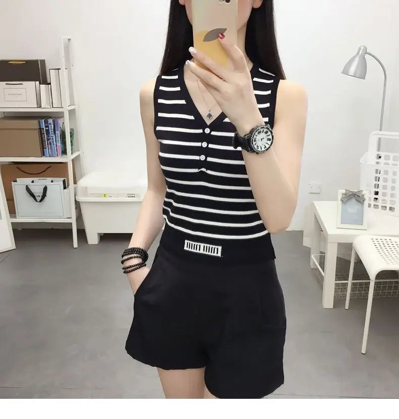 Summer New Short Ice Silk Sling Striped Tank Women's V-neck Button Slim Elastic Versatile Fashion Knitted Sleeveless Top