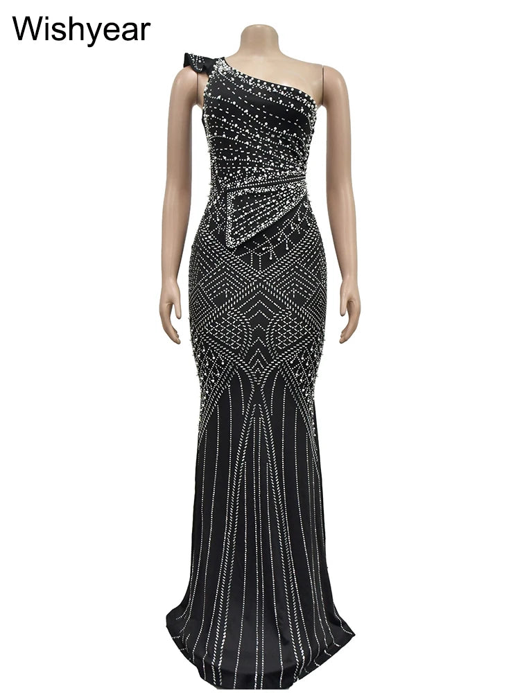 Wishyear Spring Sexy Party Club Birthday Evening Rhinestone Diagonal Collar Long Dress for Women Sleeveless Maxi Vestidos Luxury