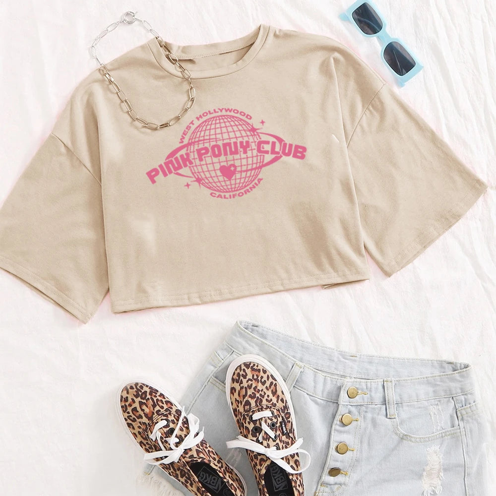 Chappell Roan Pink Pony Club Crop Tops Gift for Fan Chappell Roan Merch Harajuku O-Neck Short Sleeves Crop Tops