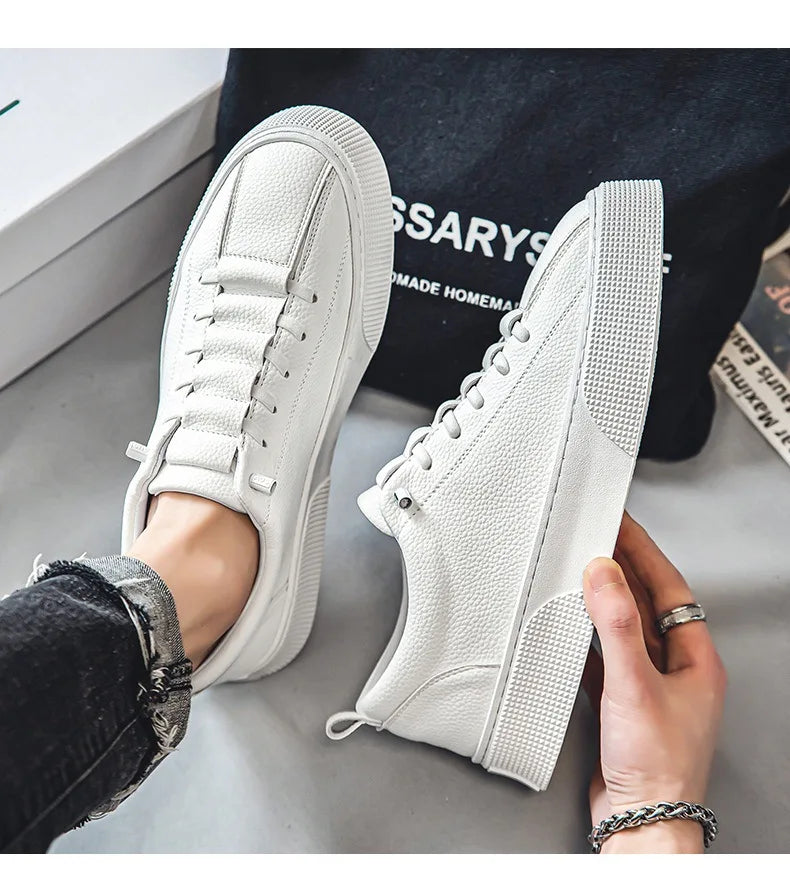 Men Classic White Leather Sneakers Casual Soft Leather Shoes Lace-up Shoes Mens Fashion Outdoor Walking Shoes Male Trainers