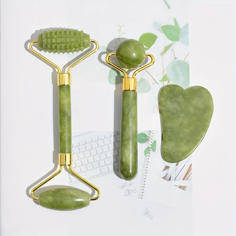 Gift,4-in-1 Jade Roller and Gua Sha Set.  Roller with Eye Massager, Jade Gua Sha, Ridged Roller Massager. Jade Roller For Face.