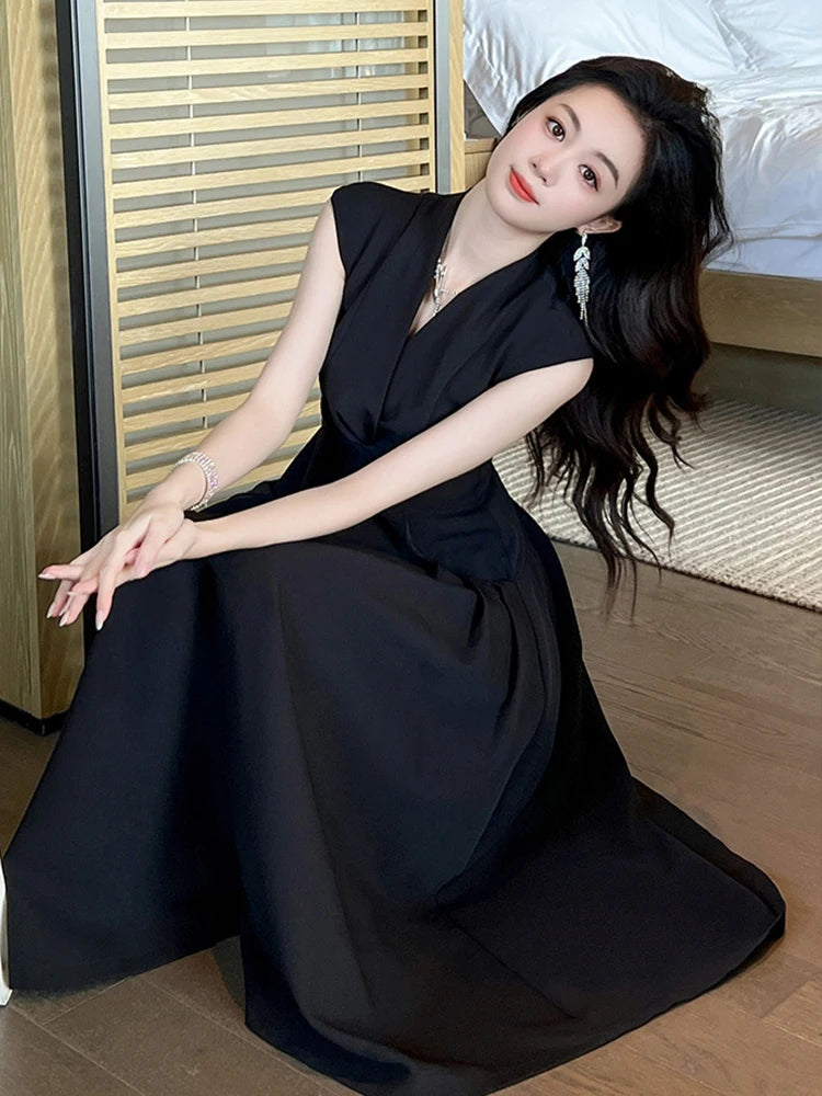 New Summer Elegant Women Evening Long Dress Lady Black Formal Chic V-Neck Slim Midi Party Gown Robe Mujer Vestido Street Clothes