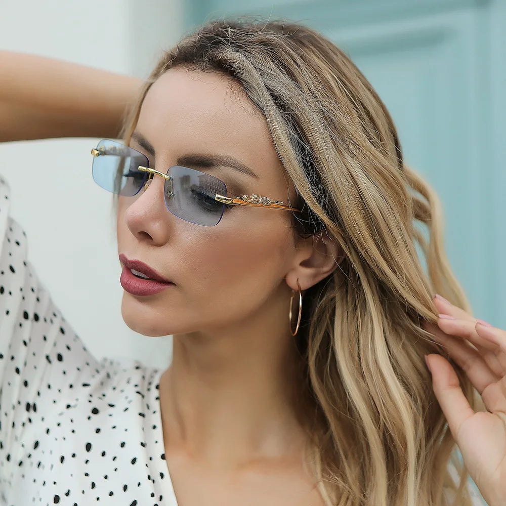 Vintage Sunglasses Rimless Cut Edge Sunglasses Fashion Designer Shades Luxury Golden Leopard Frame Sunglasses UV400