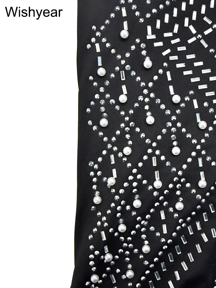 Wishyear Spring Sexy Party Club Birthday Evening Rhinestone Diagonal Collar Long Dress for Women Sleeveless Maxi Vestidos Luxury