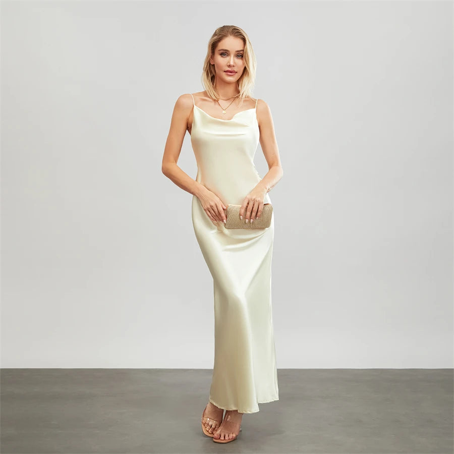 Elegant Satin Long Dress Solid Color Sleeveless Cowl Neck Wrap Party Dress