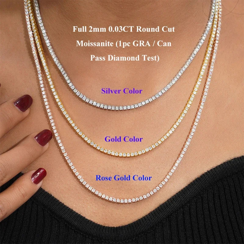EWYA Full 2mm Moissanite VVS Micro Tennis Chain for Women Men 925 Silver Passes Diamond Tester 16 18 20 24 inch Necklace Gift