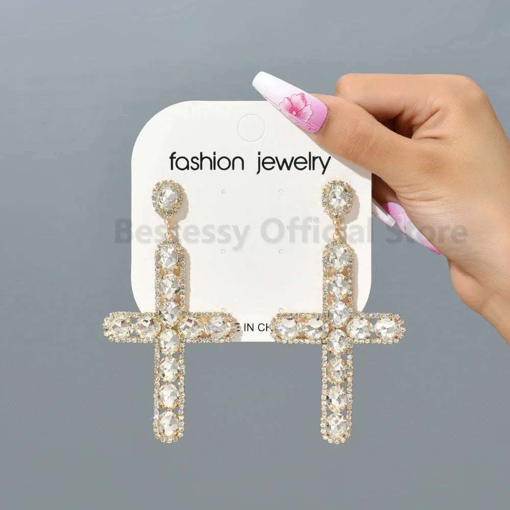 Luxury Shiny Crystal Clear Glass Cross Earrings Woman Popular Long Pendant Retro Statement Large Hanging Jewelry Ear Accessories