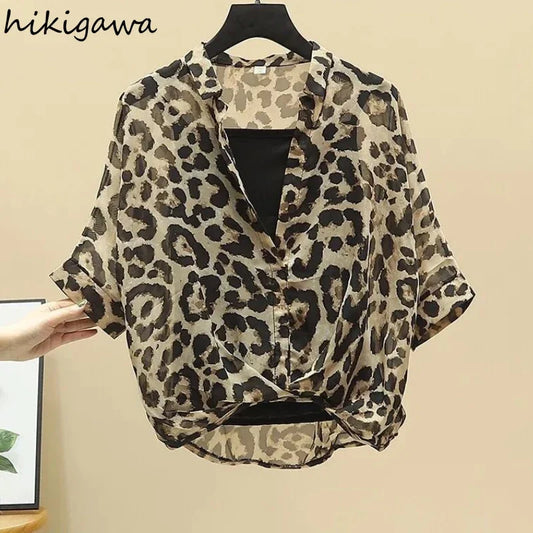2025 Blusas Mujer De Moda Chiffon Shirts Sets Fashion Sexy Leopard V-neck Blouses Tunic Vest Suit Temperament Summer Loose Tops