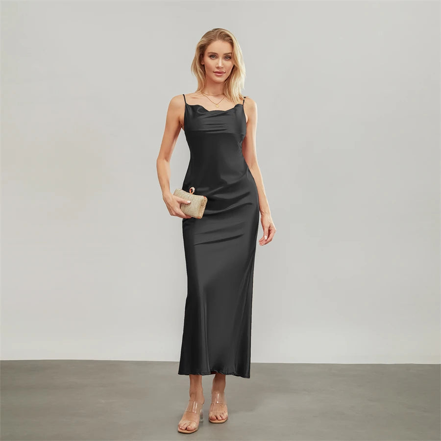 Elegant Satin Long Dress Solid Color Sleeveless Cowl Neck Wrap Party Dress