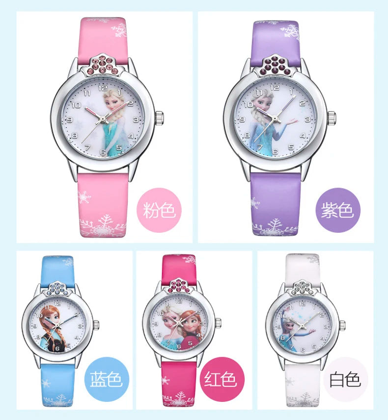 Elsa Girls Kids Watch Leather Strap Cute Children's Cartoon  Anime Princess Crown Table Gifts
