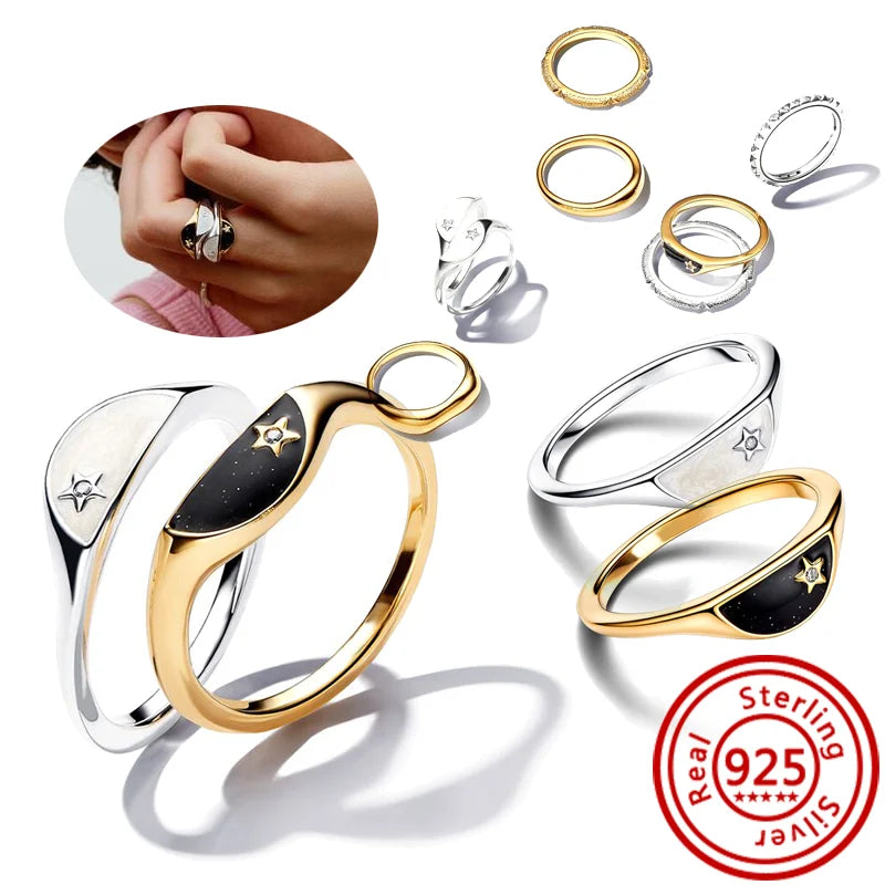 New 925 Sterling Silver Organically Shaped Stacking Pearls Hearts Stars Moon Sun Day Night Sparkling Pantaro Rings Women Jewelry