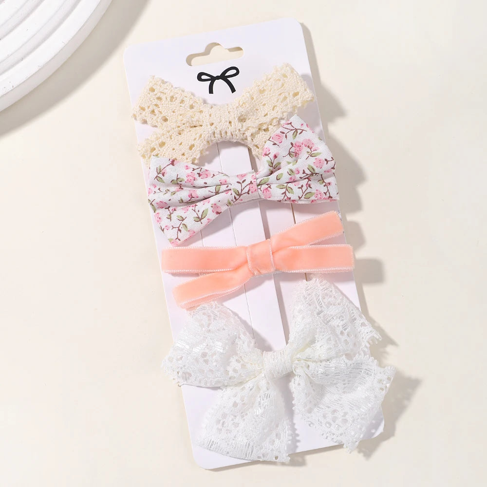 4PCS/Set Muslin Baby Girls Bows Hair Clips Hairpins Hairclip For Kids Cotton Linen Barrette Flower Print Side Pin Accessories