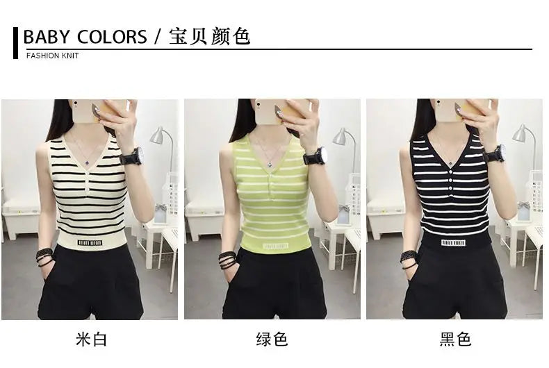 Summer New Short Ice Silk Sling Striped Tank Women's V-neck Button Slim Elastic Versatile Fashion Knitted Sleeveless Top