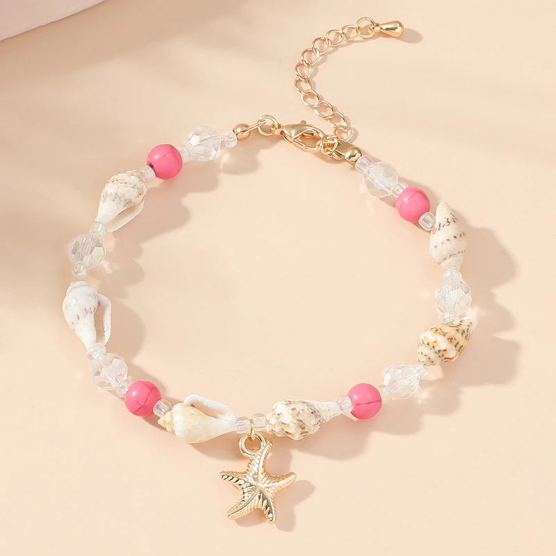Boho Starfish Conch Bracelet Anklets for Women Girls Cute Shell Rice Beads Leg Ankle Chain Summer Foot Beach Jewelry Gifts