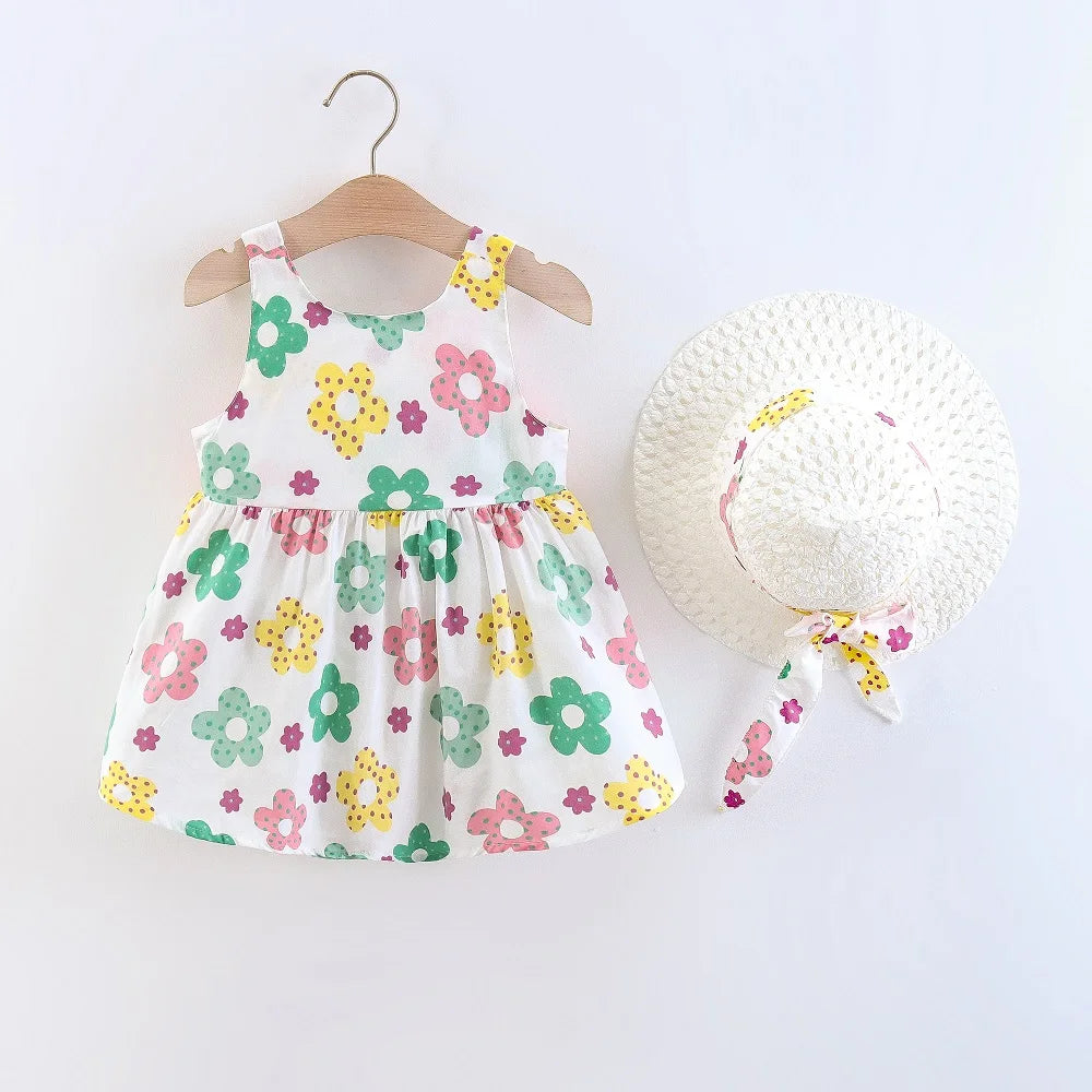 Summer 2/piece set baby girl dress hat little girl big bow design floral print princess dress all over the body