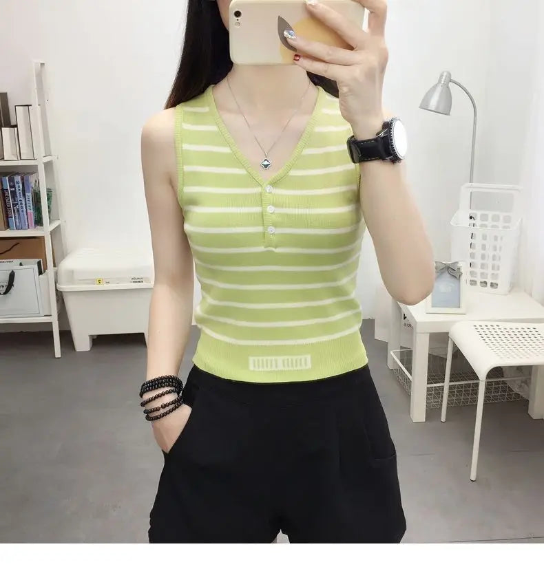 Summer New Short Ice Silk Sling Striped Tank Women's V-neck Button Slim Elastic Versatile Fashion Knitted Sleeveless Top