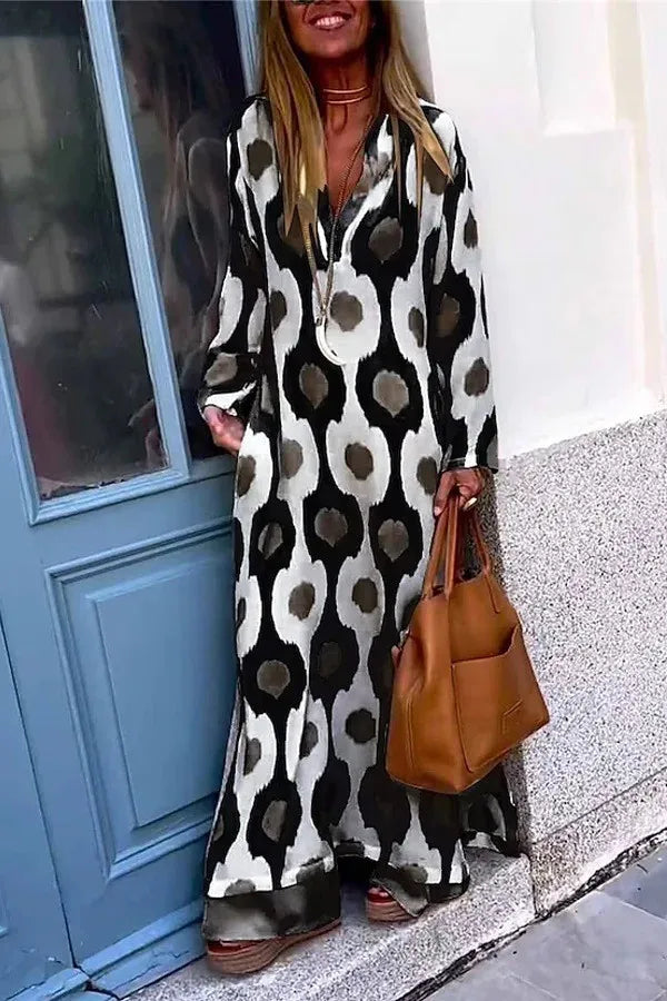 Bohemian Casual Print V-neck Long Dress Spring Autumn Vintage Mosaic Print Maxi Dress Loose Long Sleeve Holiday Dresses Vestido