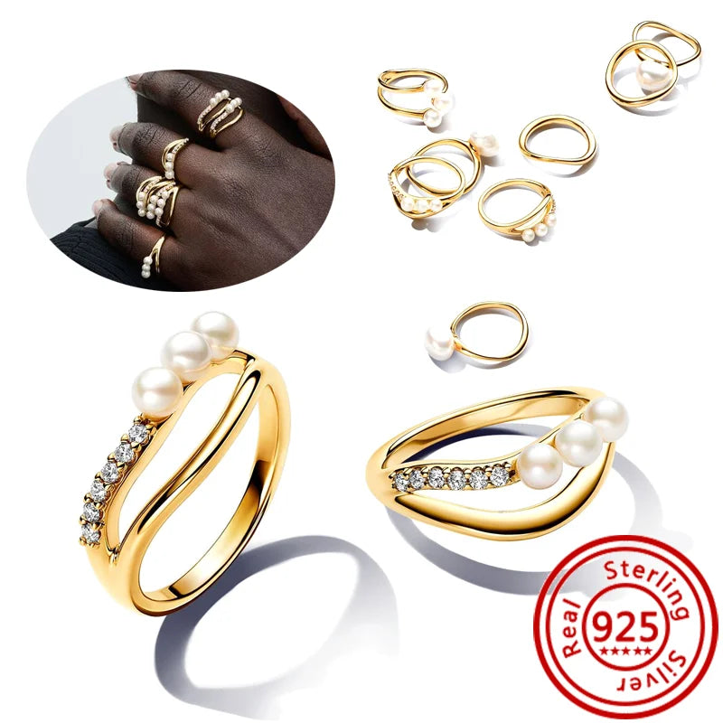 New 925 Sterling Silver Organically Shaped Stacking Pearls Hearts Stars Moon Sun Day Night Sparkling Pantaro Rings Women Jewelry