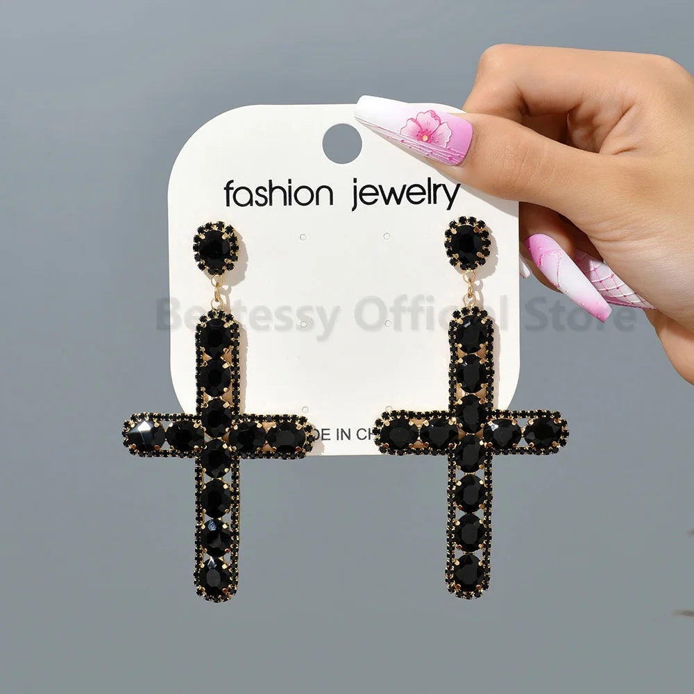 Luxury Shiny Crystal Clear Glass Cross Earrings Woman Popular Long Pendant Retro Statement Large Hanging Jewelry Ear Accessories