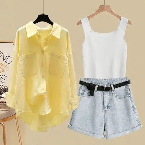 Spring/Summer Set Women's 2025 New Korean Fashion Sunscreen Shirt Casual Tank Top Slimming Denim Shorts Three Piece Set