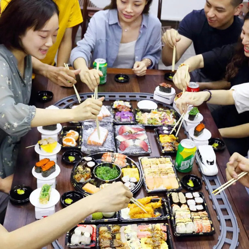 Revolving Sushi Plates Train Toy Pretend Play Conveyor Belt Electric Track Rotary Rail Car Simulation Model Toys For Kids Gift