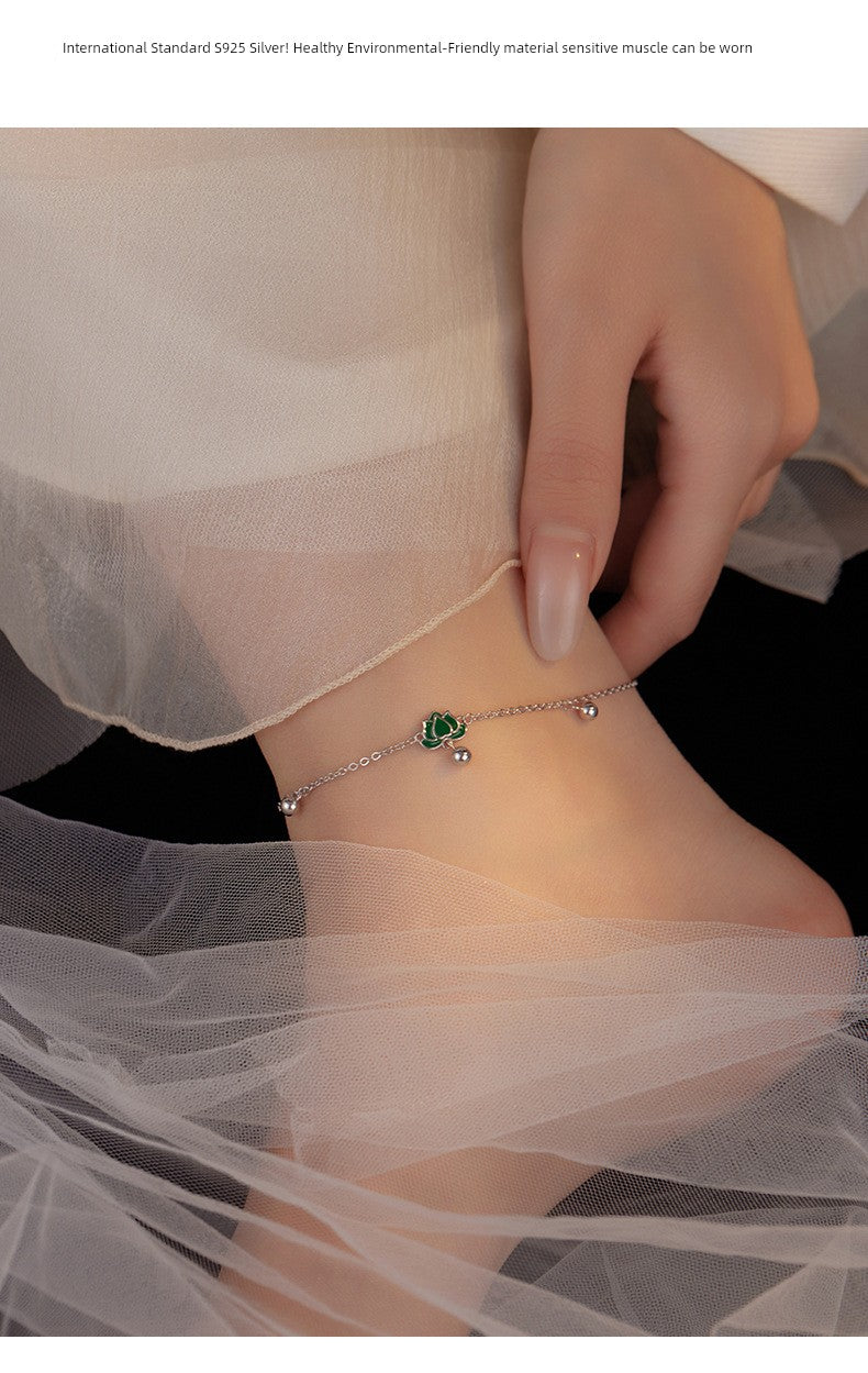 S925 Sterling Silver Step-by-Step Lotus Sliver Beads Anklet Female Retro Artsy Fresh Lotus Lucky Beads Ankle Chain Ornament