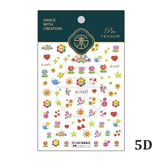Colored Doodle Violin Music Note Design 5D Embossed Reliefs Nail Art Stickers Cute 3D Self Adhesive Manicure Decals Wholesale