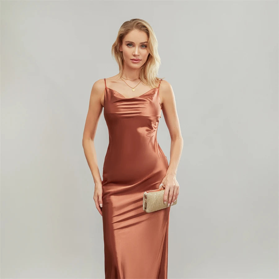 Elegant Satin Long Dress Solid Color Sleeveless Cowl Neck Wrap Party Dress