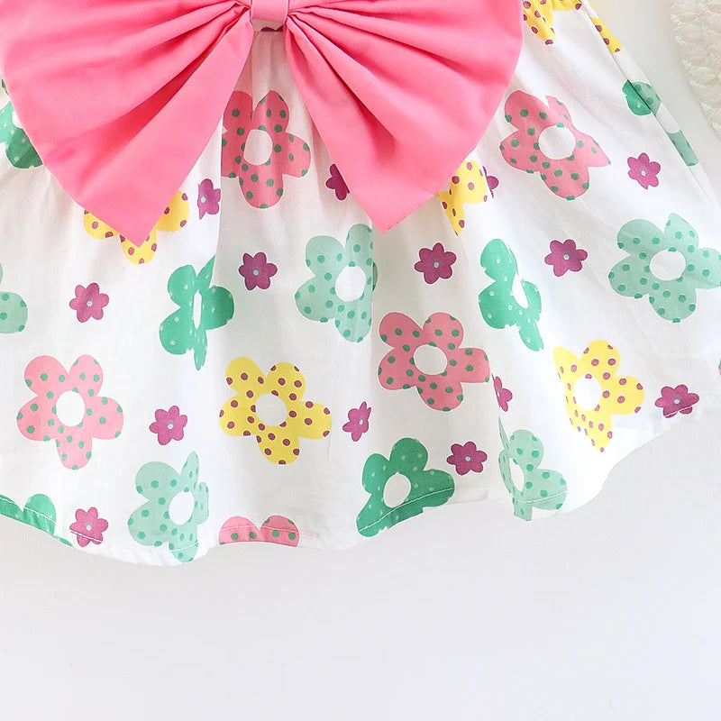 Summer 2/piece set baby girl dress hat little girl big bow design floral print princess dress all over the body