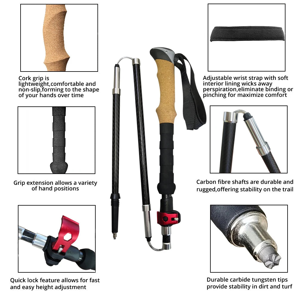 LIGHTEN UP 2Pcs Carbon Fiber/Aluminum Alloy Trekking Poles Collapsible Telescopic Sticks Lightweight Walking Hiking Stick Climb