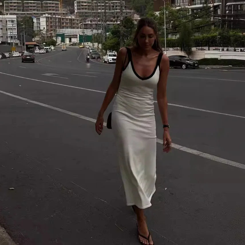 Knit Suspender Split Long Dress Women  New Sleeveless Block Color Beach Vacation V-Neck Knitwear Bodycon Sexy Dresses