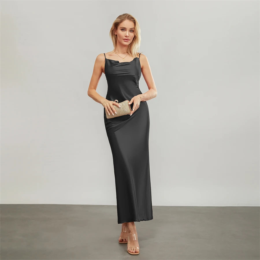 Elegant Satin Long Dress Solid Color Sleeveless Cowl Neck Wrap Party Dress