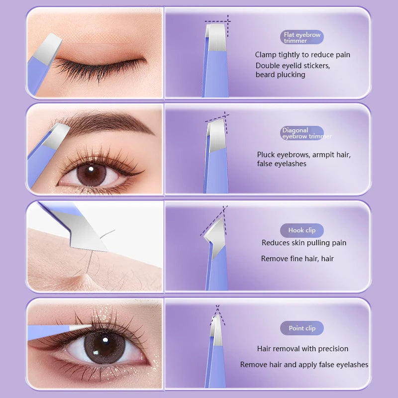 4Pcs Eyebrow Hair Removal Tweezers Stainless Steel Eyelash Clip Professional Lash Tweezer Set Eyebrow Forceps Tip Makeup Tools