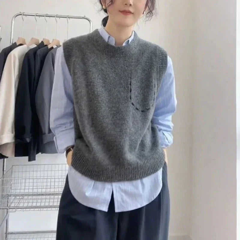 Solid Round O Neck Women's Knitted Vest Pullover Korean Style Clothing Trend Waistcoat Jumper Wear To Work Female Sweater