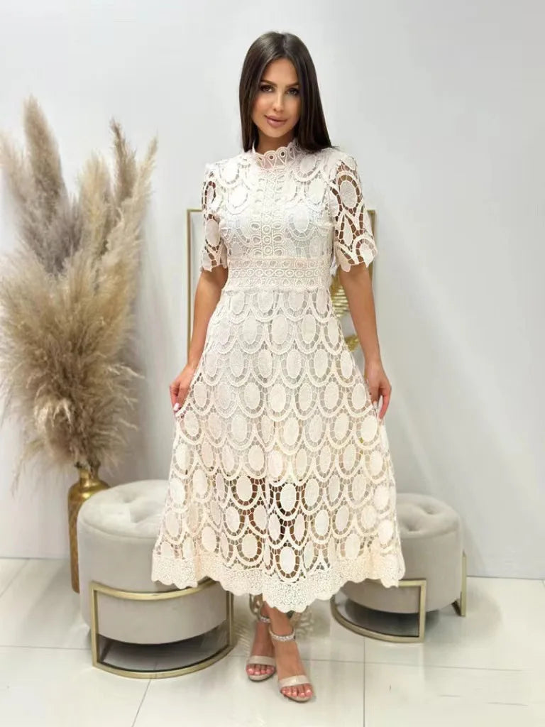 Spring New Fashionable French Lace Stand Up Collar With Bubble Sleeves Waist Cinching Slimming Dress Elegant Long Dress