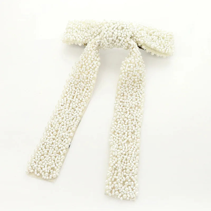 Glass Diamond Beaded Full Pearls Hairclip Bows Ribbon Barrette Girls Bow Hairpins Wedding Hair Accessories Hair Clips Women