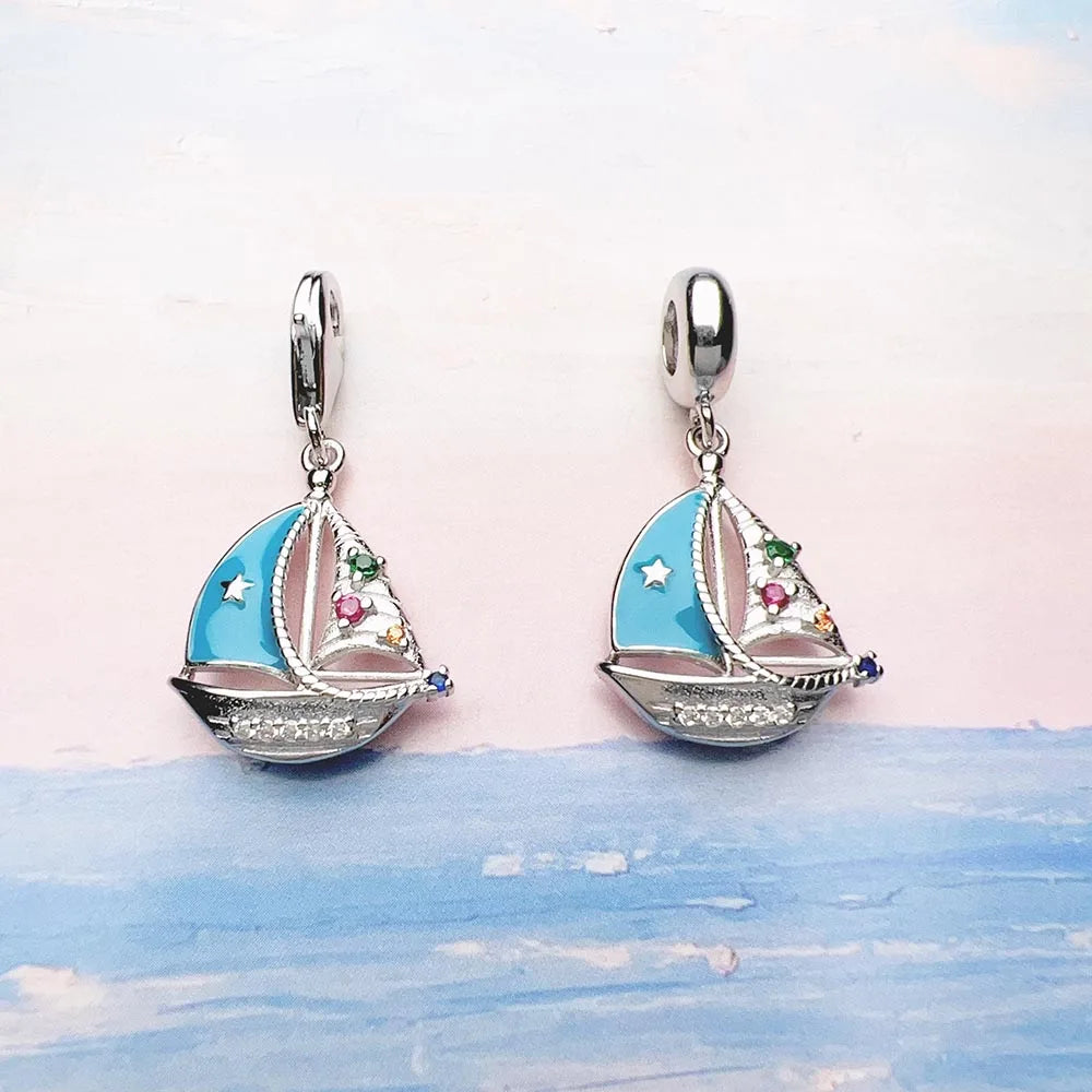 Hot 925 Sterling Silver Blue Sailing Boat Charm Pendants Brand New Trendy Holiday Gift for Women Men Jewelry