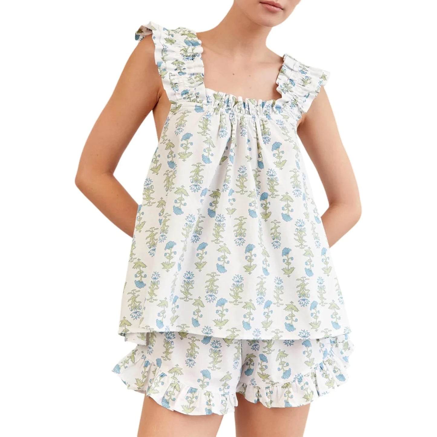 Women Floral Print Summer Set Square Neck Flutter Sleeve Loose Tank Tops Ruffled Shorts 2-Piece Outfits