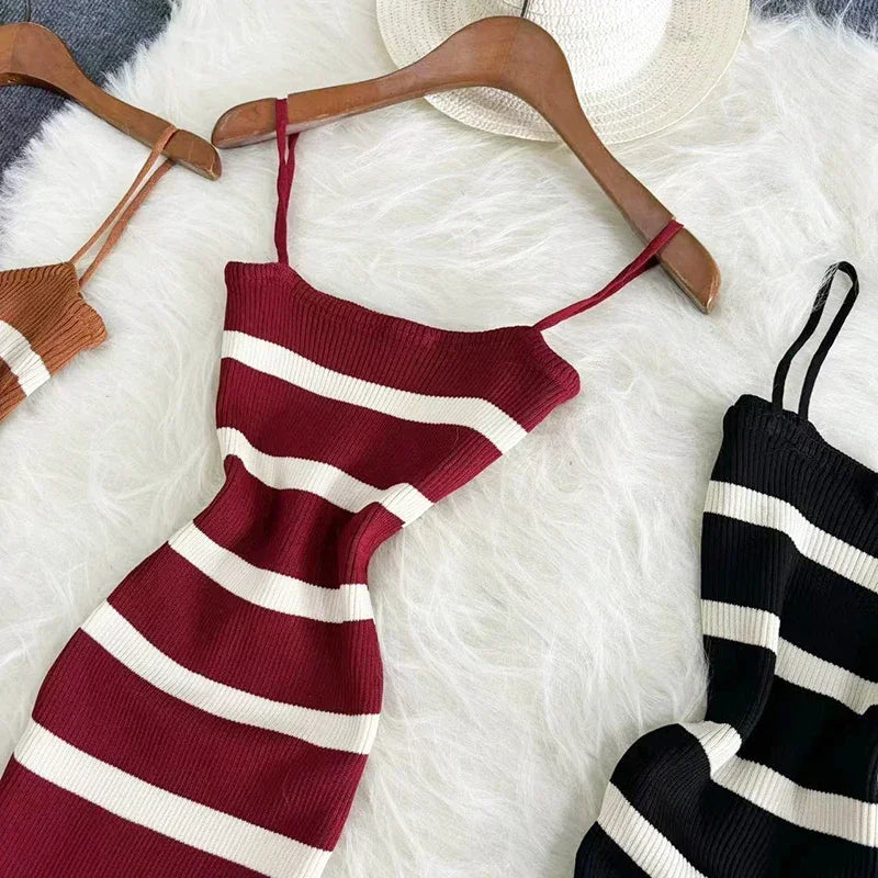 Summer Stripe Elastic Bodycon Strap Dress  Sexy Beach Sundress Women Casual Slim Pencil Vestidos Maxi Long Dress