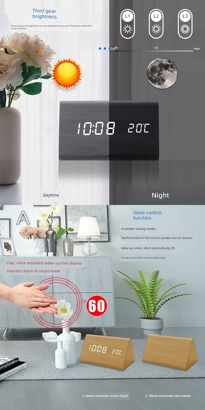 Automatic Timing Wooden Bedside Electronic Clock Led Alarm Clock Desktop L Electronic Student Dormitory Fashion Clock Bedroom Decoration