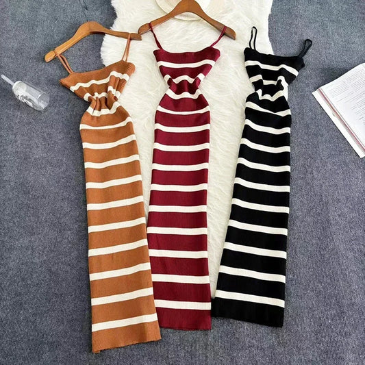 Summer Stripe Elastic Bodycon Strap Dress  Sexy Beach Sundress Women Casual Slim Pencil Vestidos Maxi Long Dress