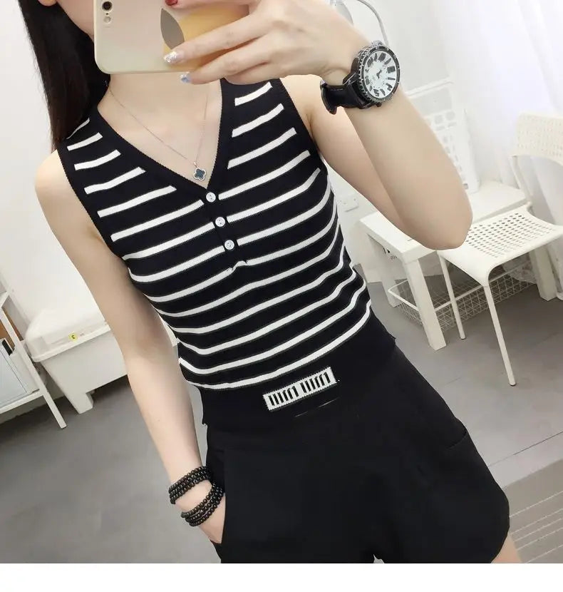 Summer New Short Ice Silk Sling Striped Tank Women's V-neck Button Slim Elastic Versatile Fashion Knitted Sleeveless Top