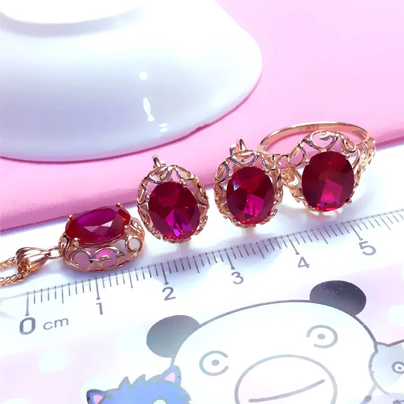 Luxury 585 purple gold inlaid ruby jewelry set hollow design 14K rose gold wedding necklaces rings earrings for girlfriend