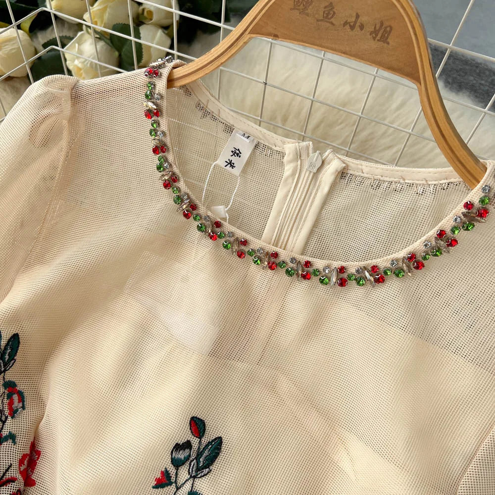 Autumn White/Beige Beading Embroidered Long Dress For Women Elegant O-Neck Puff Sleeve High Waist Elegant Party Robe New Fashion