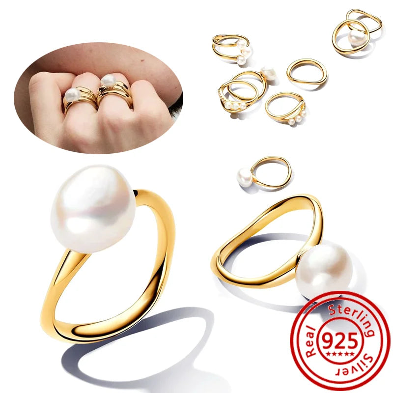 New 925 Sterling Silver Organically Shaped Stacking Pearls Hearts Stars Moon Sun Day Night Sparkling Pantaro Rings Women Jewelry
