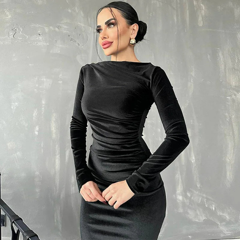 Dulzura 2025 Spring Summer Velvet Long Sleeve Midi Dress For Women Ruched Long Dress Elegant Party Clothes Evening Green Outfits